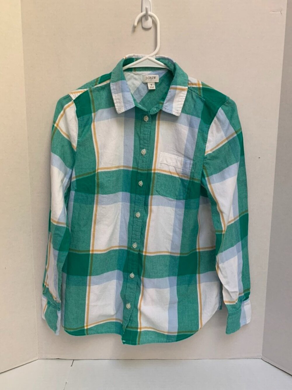 J Crew Womans Size Small Green Plaid Cotton Button Down Shirt Top Blouse